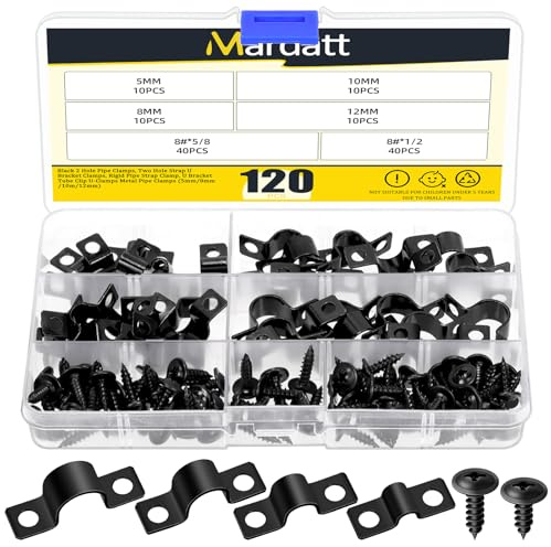 Mardatt Lot de 40 colliers de serrage de tuyau à deux trous, 5 mm (3/16), 8 mm (5/16), 10 mm (3/8), 12 mm (1/2) colliers rigides en U, colliers de serrage en U pour tubes, colliers pour conduits