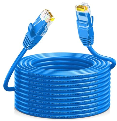Cavo Ethernet Cat 6a 15 metri, esterno Interno impermeabile Direct Burial LLDPE, 24 AWG 10 Gbps 500 MHz ad alta velocità Cavo Internet,Gigabit blu Ethernet per Router PC