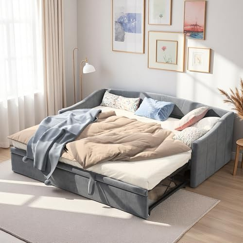 PerGar Sofa mit Schlaffunktion 90/180x200 cm, Polsterbett Ausziehbares Schlafsofa, Klappbar Bodenbett Schlafsofa, Schlafcouch mit Bettfunktion, funktionsbett, Samtstoff, Ohne Matratze, Grau