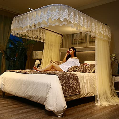 RDWQDGJG Bettvorhang Für Doppelbett, Betthimmel, Elegante Schiebevorhänge Mit Spitzenkante, U-Design-Schiene, Zelt Für Schlafzimmerdekorativ,Gelb,1,8 * 2M