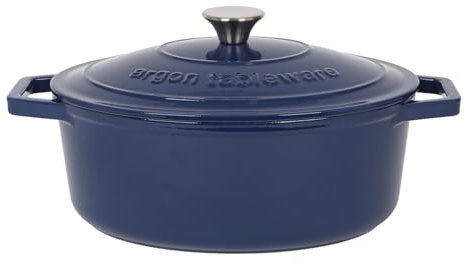 Argon Tableware 4.5L Oval Cast Iron Casserole Dish with Self-Basting Lid - Midnight Blue - Induction Hob Cooking 4.75QT Dutch Oven Bread Baking Serving Roasting Stew Stock Pot Pan