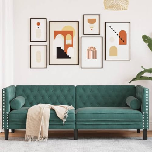 Rantry Arredo Divano Chesterfield con Rinforzi 3 Posti Verde Scuro in Velluto, Mobilia Divano Letto Sofà Soggiorno Divanoletto, Divani per Esterno da Giardino, Divano Giardino Salotto