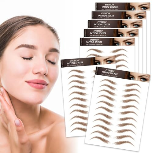 7 Sheets 77 Pairs 4D Hair-Like Eyebrow Tattoo Stickers Waterproof Natural Fake Eyebrow Stickers Hair-Like Design Long Lasting for Women Girls Eyebrow Grooming Shaping Daily Makeup (Brown)