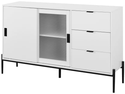 HAINEW Commode à 3 tiroirs et porte coulissante en verre - Armoire de rangement, buffet, avec pieds noirs - Pour chambre à coucher, salon, couloir - 155 x 40 x 91,5 cm - Blanc