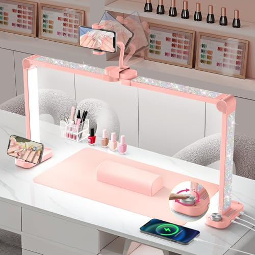 Adonafy Desktop Halbmondlampe für Nägel mit Handyhalter: 34 LED Halbmond Wimpern Lampe für Nageltechniker - 3 Farbmodi Und 10 Helligkeitsstufen Bogen Tischlampe für Maniküre (Rosa mit Diamant)