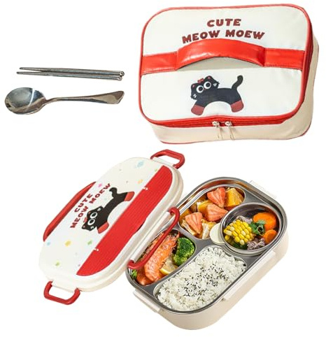Lunchlåda för barn – 1 050 g rostfritt stål – set | läckagesäker matbehållare | mikrovågsugnssäker matförvaring | matlåda av 304 stål med 4 fack och väska, soppskål och vara