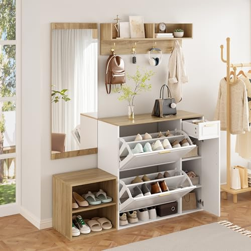 Ojjxh Garderobenset Wandgarderobe, Flurgarderobe Set mit Schuhschrank und Spiegel, Garderoben Set mit Kippfach Schuhkippern & Wandgarderobe, Kompaktgarderobe, Flurschrank für Flur, Weiß 139.5x35x166cm