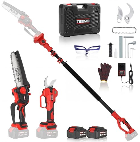 TEENO 4-In-1 Akku Astschere, 6 Zoll Mini Kettensäge mit Teleskopstiel & 40 mm Elektro Gartenschere, Astsäge Akku mit 2 x 4000mAh Batterien, Maximale Reichweite bis 2,8 m