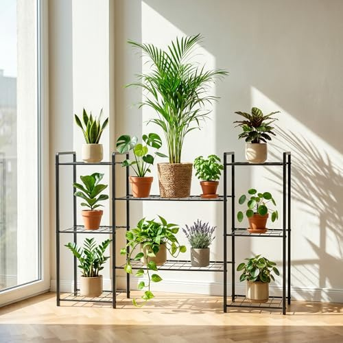 CARENZA HOME Blumenständer 8 Etagen schwarz Pflanzenständer (Stufenregal L)