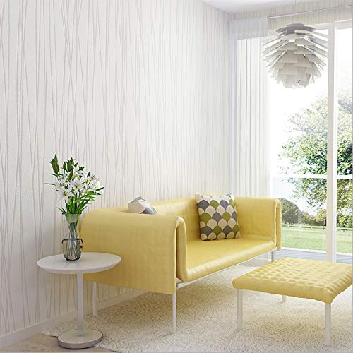 QIHANG Non-Woven Classic Flocking Plain Stripe Modern Fashion Wallpaper Wall Paper Roll for Living Room Bedroom White Color Wallpaper Roll 0.53m*10m=5.3㎡
