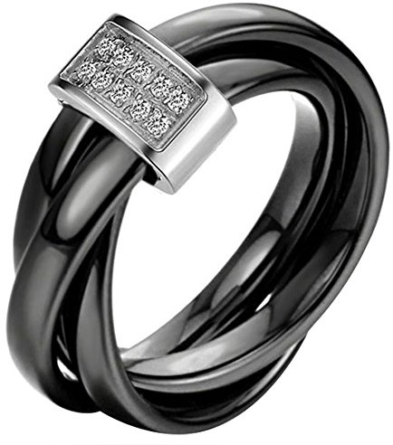 JewelryWe Schmuck 3mm Breite Schwarz/Weiß Keramik Damen-Ring mit Silber/Gold Edelstahl Trizyklische Verlobungsring Hochzeit Band Ringe Größe 52 bis 59