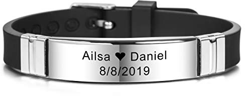 MeMeDIY Personalisierte Armband Gravur Namen Silikon Sport Handgelenk Identifikation ID Tag Armband Angepasst für Männer Frauen Kinder Edelstahl Gummi Einstellbare 13mm Breite