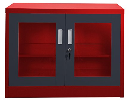 Jet-Line® | Büromöbel Kleiner Aktenschrank UFA | rot-dunkelgrau | Sichtfenster | Büroschrank | Lager Metallschrank | Werkstatt | Lagerschrank | abschließbar | Fachboden