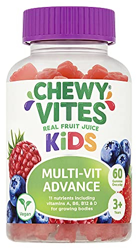Chewy Vites Kids Multivitamin Advance, 60 Kids Vitamins Gummies, 11 Essential Nutrients, 2 Months Supply, Real Fruit Juice, Vegan, Age 3 +, Blueberry and Raspberry Flavour