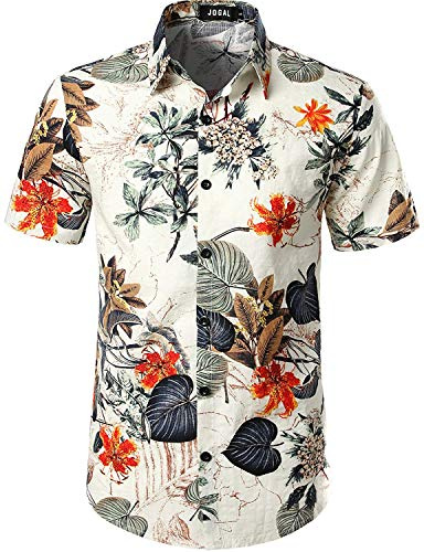 JOGAL - Camicia hawaiana da uomo, casual, motivo floreale, a maniche corte, bianco, S