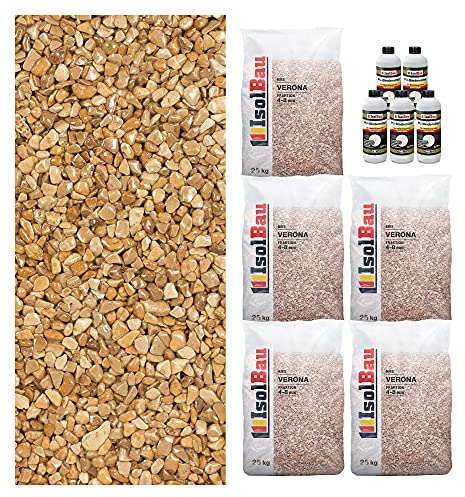 Isolbau Steinteppich SET Marmorkies 125kg + Bindemittel bis 12,5m² Verona 4/8mm Epoxidharz, Terassenboden, Natursteinboden Marmorkies Bodenbelag Steinboden Bodenbeschichtung Marmorstein, Innen Außen