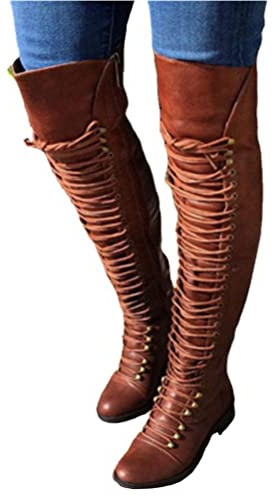 Onsoyours Bottes Cuissardes Femmes Casual PU Cuir Haute Stretch Cuissardes Bottes Slim Fit À Lacets Chevalier Bottes sur Les Bottes de Genou B Brun 39 EU