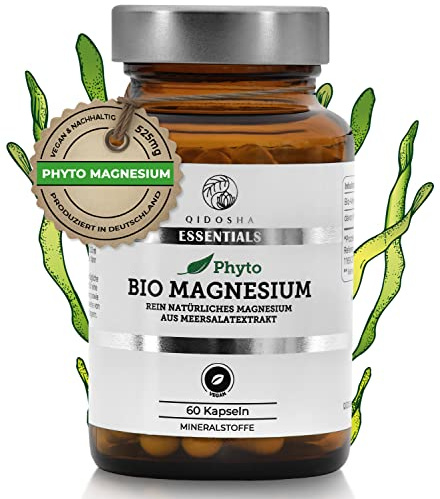 QIDOSHA® Bio Magnesium Kapseln hochdosiert, 525mg pflanzliches Magnesium bio je Tagesportion, 60 Kapseln im Glas, Magnesium aus Bio Meersalat Ulva lactuca, Meerlattich Magnesium, vegan, laborgeprueft