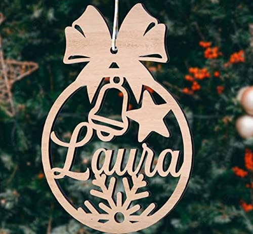 Esfera de Navidad de Madera Personalizada con Nombre - Bola Navidad con Nombre Personalizada para arbol - Esfera de Navidad - Adornos navideños (Modelo 5)