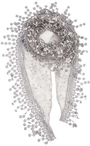 YOUR SMILE Lightweight Soft Leaf Lace Fringes Triangular Floral Fashion Towel Scarf Wrap for Women (Light Grey)