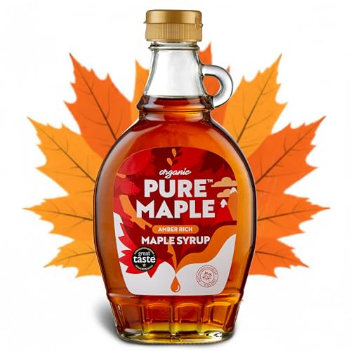 Pure Maple 100% Canadian Maple Syrup – Grade A Organic Amber Rich Taste, Ideal for Pancakes, Ice Cream & Fruit, Gluten Free & Vegan, 236ml Bottle, No Additives or Artificial Flavours