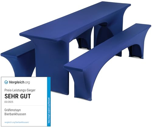 Gräfenstayn® Leopold Stretch - Biertischhussen-Set 3tlg. für Bierzeltgarnitur - 50cm oder 70cm Tischbreite - mit Öko-Tex Siegel Standard 100 : Geprüftes Vertrauen (Blau, 50x220)