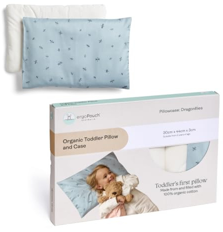 ergoPouch Almohada y funda orgánicas para niños pequeños – Diseño de perfil bajo de 2,5 cm para una correcta alineación del cuello, algodón suave y duradero certificado GOTS, lavable a máquina