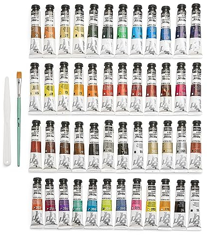Pébéo - Acrilici da studio - Set 48 tubetti 20 Ml colori assortiti + accessori - Kit di pittura acrilica per artisti e principianti - Pennelli + spatola + tela - Colori luminosi