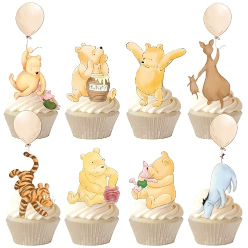 48 Pcs Winnie Cupcake Toppers Classic Pooh Baby Shower Decorations Cute Cake Decorations Oh Baby Newborn Party Favors Boys and Girls First Birthday Supplies