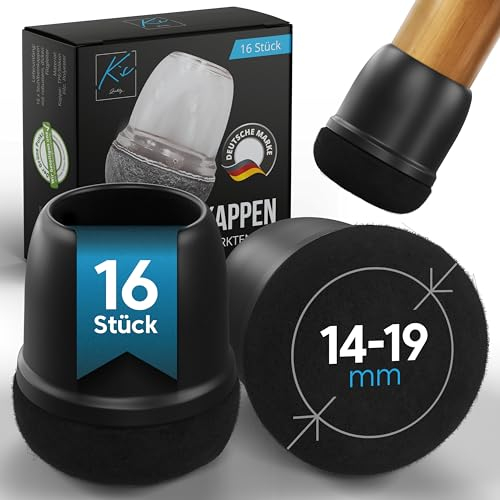Stuhlbeinkappen Rund Schwarz, 16 Stück, 14-20mm, Filzgleiter für Stühle, Stuhlbeinschoner rund, Stuhlsocken, Schutzkappen für Stuhlbeine, Stuhlbeinsocken, Stuhlgleiter, Stuhlschoner, Überzieher