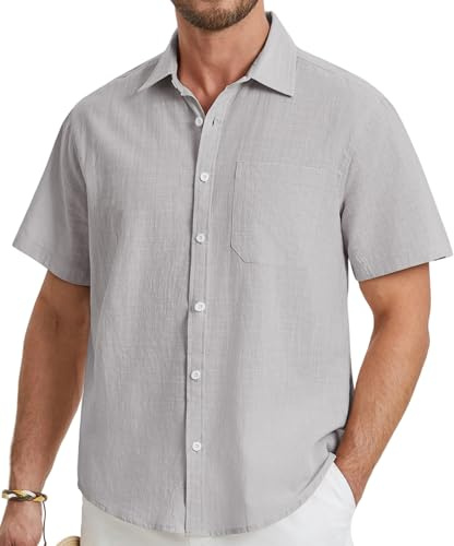 HISDERN Chemise en Lin Homme Été Casual Business Chemise Manches Courtes Classique Été Leger Plage Confortable Chemises Regular Fit Gris M