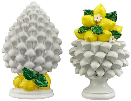 Doni Bomboniere Hochzeit 12 Stück Magnet Tannenzapfen aus Keramik Tischkarten Zitrusfrüchte Symbole Sizilien Hochzeit Themenpartys Weiß Verziert mit Zitronen sortiert Zwei Modelle Komplette