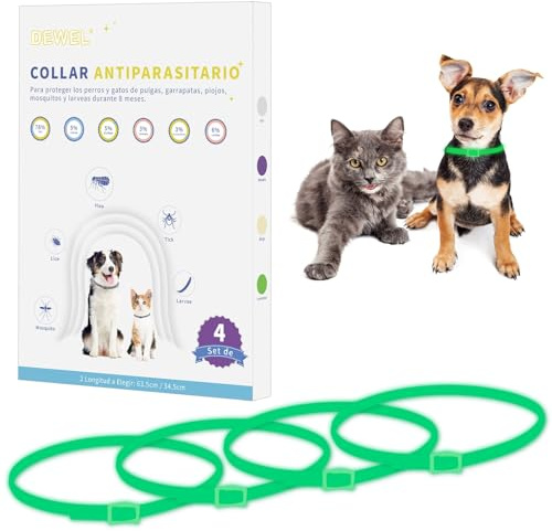 DEWEL Set de 4 Collar Antiparasitario Luminoso en Noche sin Electricidad, Collar contra Pulgas Garrapatas Piojos y Mosquitos, Tamaño 34,5cm para Perros Medianos Pequeños y Gatos