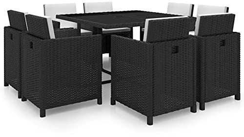 Gecheer 9-TLG. Polyrattan Sitzgruppe, Rattan Gartenmöbel Set, Garten Essgruppe 8 Personen, Gartentisch mit Stühlen, Balkonmöbel Set, Sitzgarnitur Gartengarnitur Terrassenmöbel mit Auflagen Schwarz