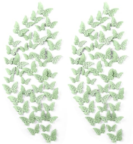 Outus 120 Pieces Green 3D Layered Butterfly Wall Decor Removable Butterfly Stickers Hollow Mural Decals for Birthday Cake Decorations Crafts Bouquet Flower Arrangements