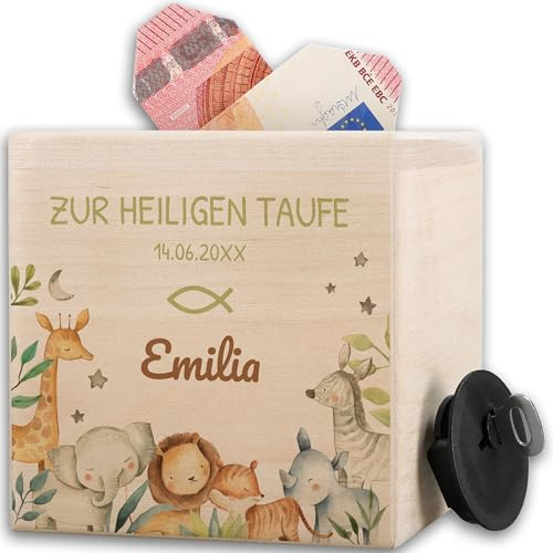 Spardose Holz - Holzspardose Safari Tiere zur Heiligen Taufe personalisiert I Taufgeschenke für Mädchen Geschenk Taufe Junge I Taufgeschenk personalisiert I Geldgeschenk zur Taufe - 10x10cm - Holz