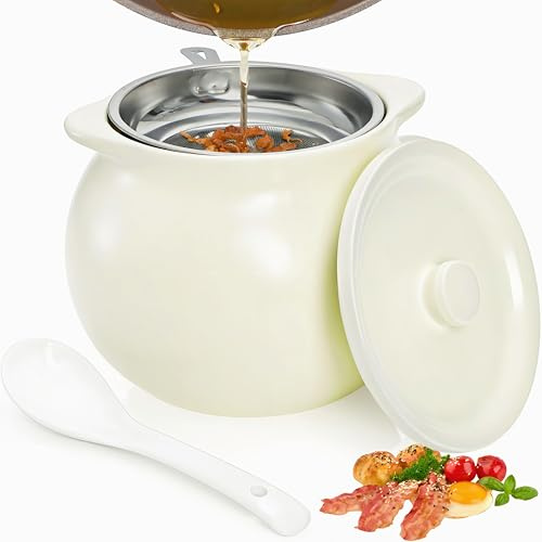 ZAVOOS Bacon Grease Container with Strainer, 47 Oz Large Capacity Ceramic Cooking Oil Saver with Lid Easy Grip Handle, Farmhouse Bacon Fat Dripping Can Storage Keeper for Kitchen Home Decor