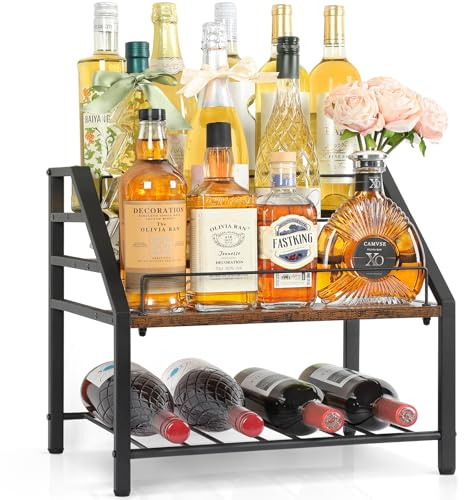 3-Vånings Vinställ för Bänk – Flaskställ för Sprit & Vin – Kaffesirapshylla – Kompakt Flaskhållare för Whiskey – Retro Barshelf för Hem & Kök – Stilren Vinförvaring för Matsal