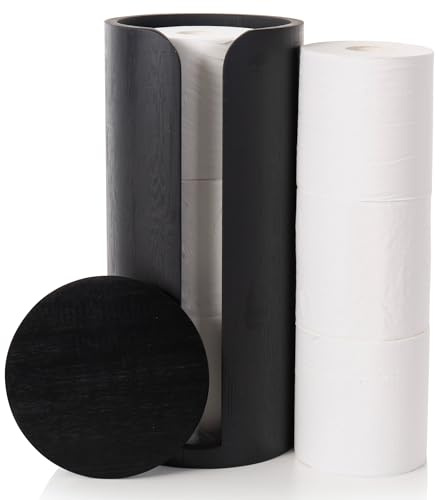 Woodluv Toilet Roll Holder with Lid Round, Toilet roll holder Freestanding, Bathroom Storage, Bamboo Loo Roll Holder, Bathroom Storage Unit, Black