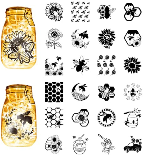 CREATCABIN 24Pcs Bee Silhouettes Mason Jar Decor Flower Laser Cut Cardboard Sunflower Honeycomb Decorations Scrapbook Cutouts Die Cuts for Lantern Jars Wall Painting Window Glass Phone Black 3.9x3.5in
