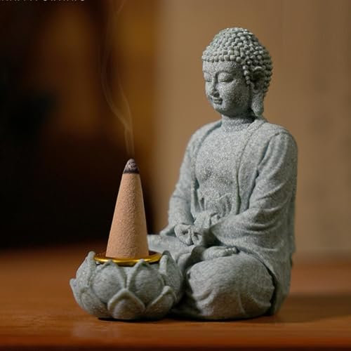 FOLANDO Buddha Figurine with Lotus Candle Holder, Buddha Statue Sandstone Buddha Figure Sculpture Gardens Meditation Table Ornaments Buddhist Outdoor Indoor Decoration