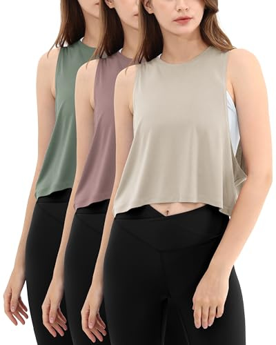 ODODOS 3 Pack Crop Tank for Women Loose Sleeveless Workout Gym Cropped Yoga Shirts Muscle Tops, Abalone, Dusty Rose, Sage Green, X-Small