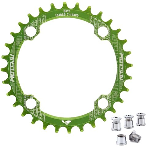 QIAMNI 104 BCD 32T 34T 36T 38T Narrow Wide Single Chain Ring with 4 Pieces Sprocket Bolts for Road Bikes, Mountain Bikes, BMX MTB Bike (Green, 32T)