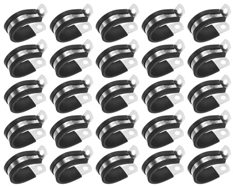 M METERXITY 25-Pack Cable Clamps, 1 Inch/ 25 mm 304 Stainless Steel Rubber Cushioned Insulated Cable Clamp R Shape Metal Holder for Tube/Wire/Pipe/Loop Installation