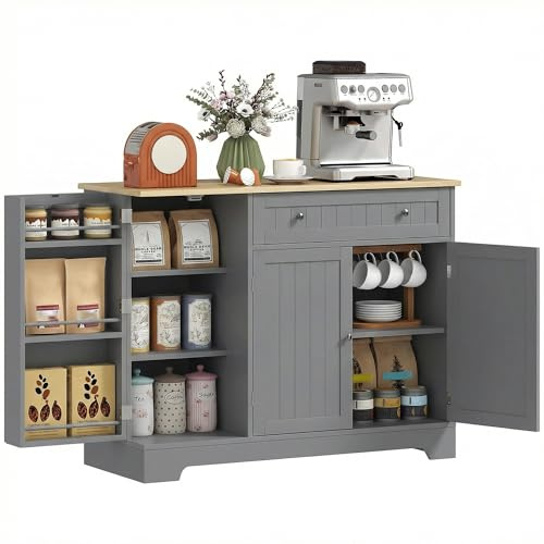 HOMCOM Credenza Cucina, Mobile portaoggetti con ripiani per porta, 3 ante, cassetto e ripiano regolabile, stile moderno, per sala da pranzo, soggiorno, cucina, 105 x 40 x 83 cm, grigio