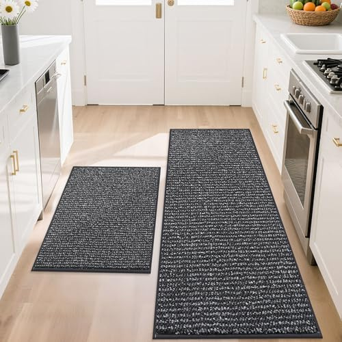 BEQHAUSE Küchenteppich, 2 Stück Küchenteppich Waschbar rutschfest, Küchenvorleger wasseraufsaugend, Eignet Sich für Küche, Kühlschrank, Restaurant und andere Orte, 50 * 122cm+50 * 76cm, Dunkelgrau