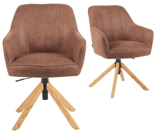 DUBI Möbel 2er Set Esszimmerstühle höhenverstellbar, Bürostühle & Konferenzstühle, 360° drehbar mit Taschenfederkern, ergonomisch gepolstert, Eichegestell, Lederoptik Braun, Modell Mika-Jaro