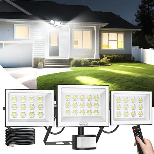 Viugreum Security Lights 150W 15000LM, Led Floodlight with PIR Motion Sensor & Remote Control, IP65 Waterproof 6500K Outdoor Sensor Light, 3 Heads Adjustable for Yard, Court, Street, Parking Lot