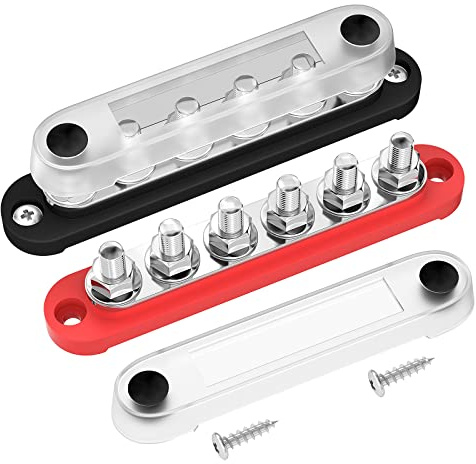 Joinfworld 12V Bus Bar 6 x 5/16 (M8) Terminal Studs,150A Battery Bus Bar | 12 Volt Power Distribution Block with Cover for Automotive Car Boat Solar System,300V AC,48V DC Maxium ,Positive & Negative