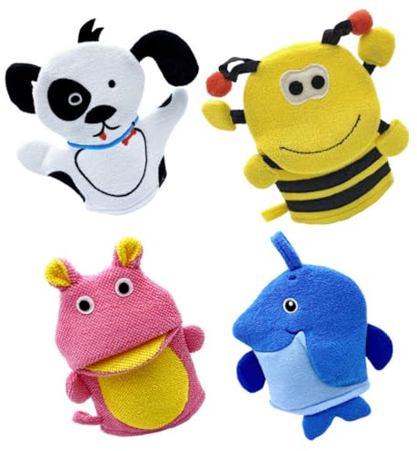 YARNOW Kinder Badehandschuhe zum Peeling und Sanften Reinigung 4 Stück-pack aus Baumwollmischung mit Niedlichen Tiermotiven in Dusche und Bad